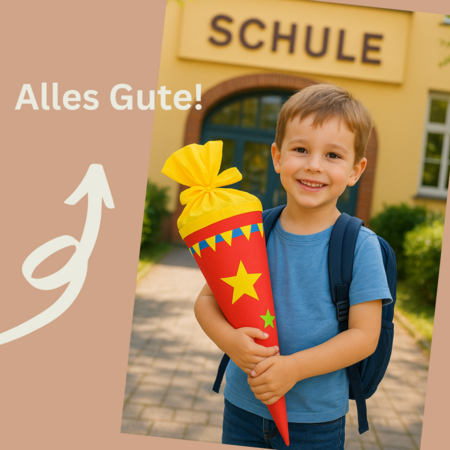Erster Schultag, Kind mit Schultüte steht vor der Schule