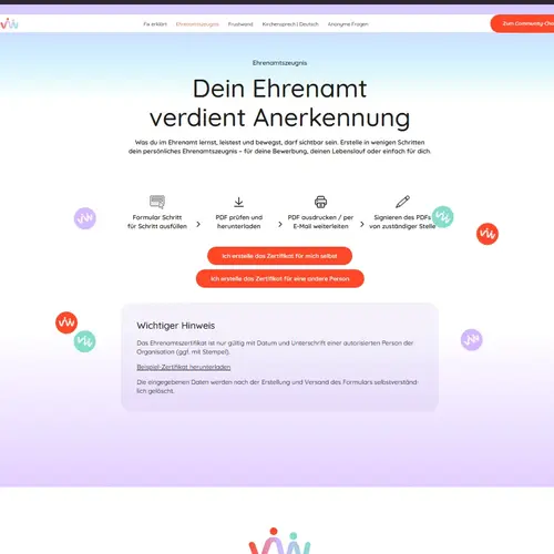 Screenshot der verNETZwerkt-Seite „Ehrenamtszeugnis“ mit den Schritten zum Erstellen eines persönlichen Ehrenamtszeugnisses.