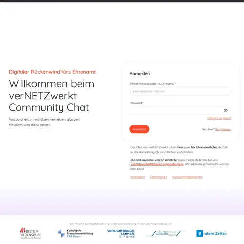 Screenshot der Anmeldeseite zum verNETZwerkt Community-Chat mit Feldern für E-Mail-Adresse und Passwort.