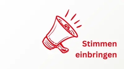 Rotes Megafon im skizzenhaften Stil mit vier Schallwellen-Strichen, die aus der Öffnung austreten, daneben der rote Text 'Stimmen einbringen' in zwei Zeilen
