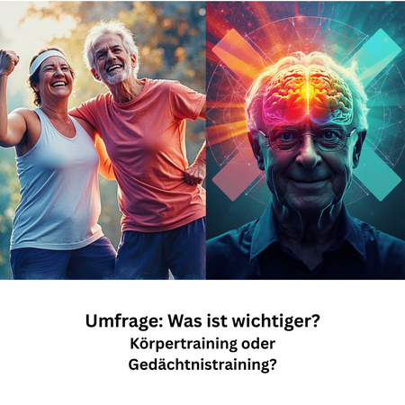 Man sieht links ein Paar, welches erfolgreich Sport betreibt und rechts die Darstellung eines Männerkopfes, bei dem das Gehirn aus dem Kopf heraus leuchtet. Unten steht die Frage, was wichtiger ist, körperliche oder geistige Fitness?
