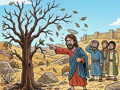 Ein Comic-Bild, das Jesus und drei seiner Jünger vor einem Feigenbaum zeigt. Jesus ist zornig und bringt den Feigenbaum zum Verdorren. Die Jünger im Hintergrund blicken fassungslos.