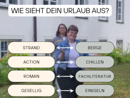 Zwei Frauen laufen lächelnd auf einer Wiese vor einem weißen Gebäude mit mehreren Fenstern auf die Kamera zu. Darüber steht in einem weißen Textfeld: „WIE SIEHT DEIN URLAUB AUS?“ Links und rechts neben den Frauen sind jeweils fünf Begriffe auf farbigen Buttons zu sehen, die durch Doppelpfeile miteinander verbunden sind – als Gegenüberstellungen typischer Urlaubsvorlieben:  STRAND ↔ BERGE  ACTION ↔ CHILLEN  ROMAN ↔ FACHLITERATUR  GESELLIG ↔ EINGELN  APEROL ↔ SMOOTHIE  Das Bild lädt dazu ein, sich zwischen den Optionen zu entscheiden und über den eigenen Urlaubstyp nachzudenken.