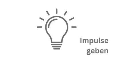 Graue Glühbirne im Linienstil mit acht kurzen Strahlen rundherum, die das Leuchten symbolisieren, daneben der graue Text 'Impulse geben' in zwei Zeilen