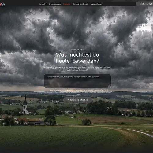 Screenshot der verNETZwerkt-Frustwand vor einem Gewitterhimmel mit einem Textfeld, in dem Frust anonym aufgeschrieben werden kann.