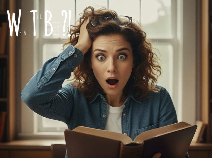 Eine Frau liest in einer Bibel. Ihr Gesichtsausdruck ist voller Erstaunen und Verwunderung. Mit der rechten Hand rauft sie sich die Haare. Über dem Bild der Schriftzug "What the bible?!", der Titel der beworbenen Veranstaltungsreihe.