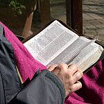 Eine Person mit Jacke und pinkfarbenem Schal sitzt auf einem Stuhl und blättert in einer Bibel.