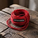 Foto mit einem roten Wollknäuel und der Beschriftung "Roter Faden" darauf