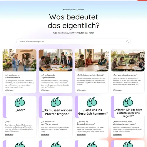 Screenshot der Übersicht „Kirchensprech | Deutsch“ mit Suchfeld und Beiträgen zu typischen Sätzen und Redewendungen aus dem kirchlichen Alltag.