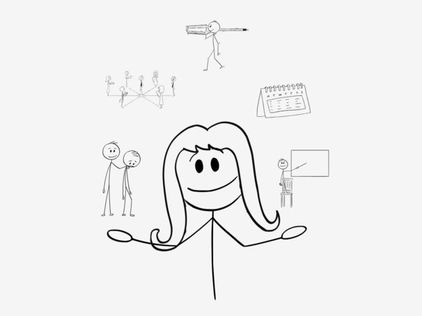 Handgezeichnete Strichzeichnung auf weißem Hintergrund zeigt eine große, lächelnde Strichfigur mit langen Haaren in der Mitte, die ihre Arme ausbreitet. Um sie herum sind kleinere Strichfiguren in verschiedenen Szenen verteilt: eine Gruppe von Menschen, die sich an den Händen halten, eine Figur mit einem Fernrohr oder Teleskop, eine Person an einer Präsentationstafel und ein Kalender. Die Zeichnung vermittelt Themen wie Zusammenarbeit, Führung und Organisation.