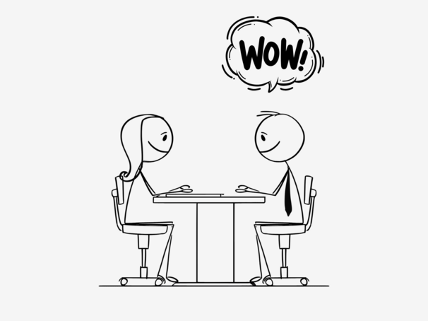 Zwei Strichfiguren sitzen sich an einem Tisch gegenüber, eine davon trägt eine Krawatte. Über ihnen schwebt eine Sprechblase mit 'WOW!' - dargestellt als begeisterte Reaktion in einem Geschäfts- oder Besprechungskontext.