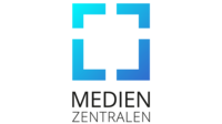 Das Bild zeigt das Logo der konfessionellen Medienzentralen in Deutschland: Ein blaues Quadrat, dessen inneres Leer ist und von einzelnen Auslassungen durchbrochen ist.