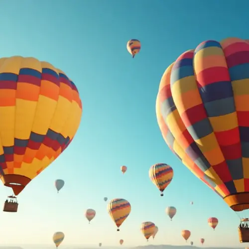 Bunte Heißluftballons am Himmel über einer Wüstenlandschaft