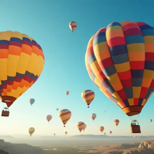 Bunte Heißluftballons am Himmel über einer Wüstenlandschaft