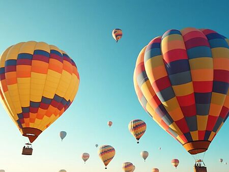 Bunte Heißluftballons am Himmel über einer Wüstenlandschaft