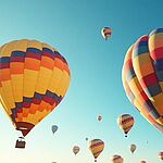 Bunte Heißluftballons am Himmel über einer Wüstenlandschaft