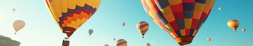 Bunte Heißluftballons am Himmel über einer Wüstenlandschaft