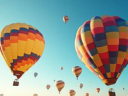 Bunte Heißluftballons am Himmel über einer Wüstenlandschaft