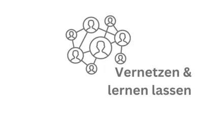 Graues Netzwerk-Diagramm mit acht Personen-Symbolen in Kreisen, die durch Linien miteinander verbunden sind, mit einer zentralen größeren Person in der Mitte, daneben der graue Text 'Vernetzen & lernen lassen' in zwei Zeilen