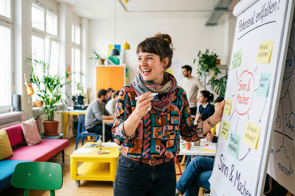Eine Frau moderiert einen Workshop und steht lächelnd neben einem Flipchart zum Thema „Potenzial entfalten“. Im Hintergrund arbeiten mehrere Personen in kleinen Gruppen.