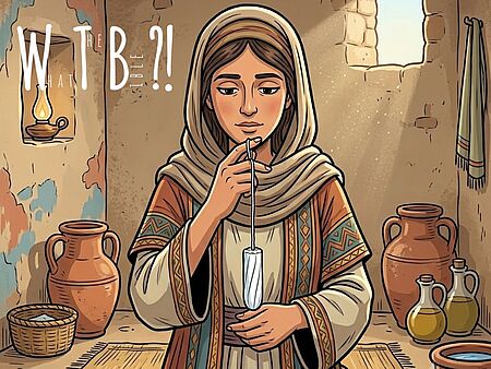 Eine gezeichnete Frau in einer Umgebung und Kleidung, die an biblische Zeiten erinnern, hält einen Tampon in Händen. Rechts oben im Bild ist das Logo der Bibelreihe "What the bible?!" zu sehen.