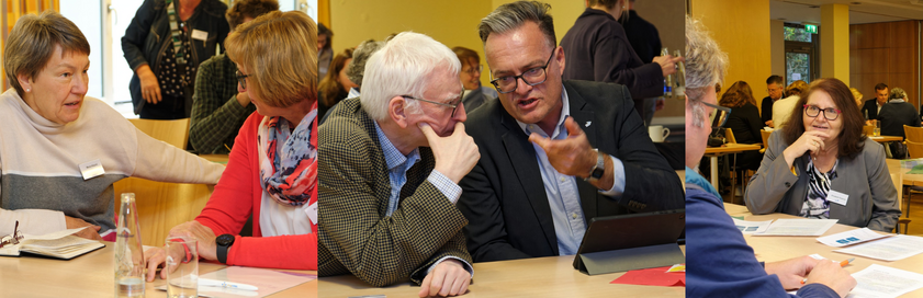 Das Bild zeigt verschiedene Personen aus der KEB beim Gespräch und Nachdenken.