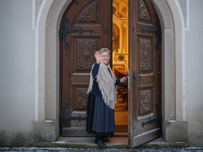 Ein halb geöffnetes Kirchenportal. Eine ältere Dame in Tracht steht im Portal und winkt dem Betrachter einladend zu.