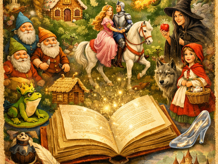 Collage im Märchenstil: Im Vordergrund liegt ein aufgeschlagenes, leuchtendes Buch auf einem Weg. Aus den Seiten scheinen Funken aufzusteigen. Rund um das Buch sind verschiedene Märchenfiguren dargestellt – unter anderem eine Prinzessin im Turm, ein fliegendes Paar auf einem Teppich, eine Fee, ein Drache, ein Ritter auf einem Pferd, Zwerge, ein Lebkuchenhaus, ein Wolf, ein Froschkönig und ein gläserner Schuh. Im Hintergrund sind Schlösser, ein Sternenhimmel und ein Vollmond zu sehen. Die Illustration wirkt warm, detailreich und fantasievoll.