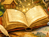 Collage im Märchenstil: Im Vordergrund liegt ein aufgeschlagenes, leuchtendes Buch auf einem Weg. Aus den Seiten scheinen Funken aufzusteigen. Rund um das Buch sind verschiedene Märchenfiguren dargestellt – unter anderem eine Prinzessin im Turm, ein fliegendes Paar auf einem Teppich, eine Fee, ein Drache, ein Ritter auf einem Pferd, Zwerge, ein Lebkuchenhaus, ein Wolf, ein Froschkönig und ein gläserner Schuh. Im Hintergrund sind Schlösser, ein Sternenhimmel und ein Vollmond zu sehen. Die Illustration wirkt warm, detailreich und fantasievoll.