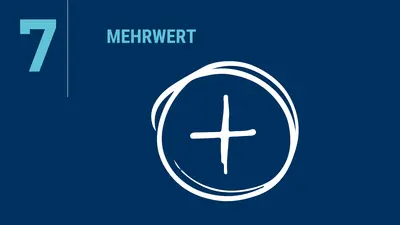 Spielregel 7: Mehrwert. Auf dunkelblauen Hintergrund ist eine türkisfarbene 7 zu sehen, daneben die Überschrift und ein weißes Kreuz-Symbol in einem Kreis, was den Mehrwert im kirchlichen Kontext symbolisieren könnte.