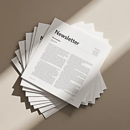 Gestapelte Newsletter-Dokumente in Fächerform angeordnet auf beigem Hintergrund. Das oberste Dokument zeigt deutlich die Überschrift "Newsletter" und zweispaltigen Text darunter.