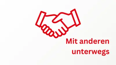 Rotes Handschlag-Symbol im Linienstil mit Manschetten an beiden Handgelenken, darunter der rote Text 'Mit anderen unterwegs' in zwei Zeilen