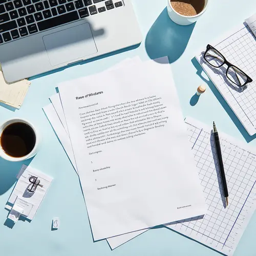 Arbeitsplatz von oben fotografiert mit aufgeklapptem Laptop, zwei Kaffeetassen, Brille, Stift und verschiedenen Dokumenten auf hellblauem Hintergrund. Zu sehen sind unter anderem ein Dokument mit der Überschrift "Race of Windares" und karierte Notizblöcke.