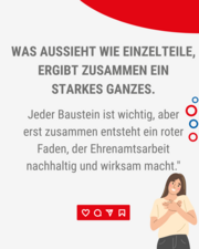 Illustration, Frau mit verschränkten Armen lächelt - Zitat über nachhaltiges Ehrenamt mit Social Media Icons