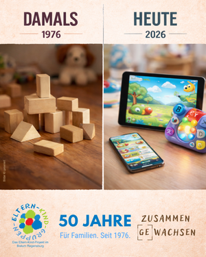 „Grafik zum 50-jährigen Jubiläum eines Eltern-Kind-Projekts: Links unter der Überschrift ‚Damals 1976‘ liegen klassische Holzbausteine auf einem Holzboden. Rechts unter ‚Heute 2026‘ sind ein Tablet, ein Smartphone und ein elektronisches Lernspielzeug mit bunten Symbolen zu sehen. Unten steht der Schriftzug ‚50 Jahre – Für Familien. Seit 1976.‘ sowie das Logo des Eltern-Kind-Gruppen-Projekts im Bistum Regensburg und der Slogan ‚Zusammen gewachsen‘.“