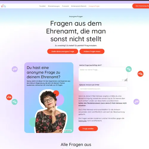 Screenshot der verNETZwerkt-Seite „Anonyme Fragen“ mit Formular zum anonymen Stellen einer Frage und Übersicht beantworteter Fragen.