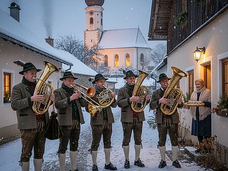 Ein niederbayerisches Dorf im Winter. Eine Kirche im Hintergrund. Eine Blaskapelle steht vor einer Haustür und spielt einen Neujahrsgruß. Eine ältere Dame in Tracht bringt des Musikanten Schnaps.