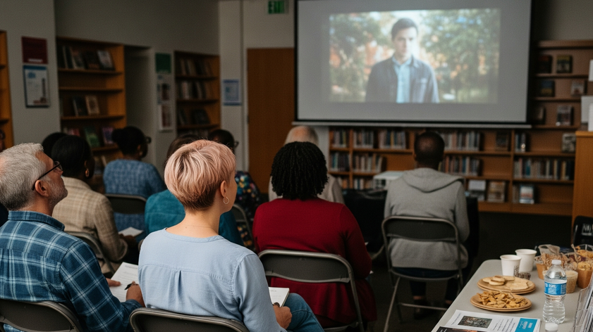 Das Bild zeigt Menschen in einem öffentlichen Raum, die im Rahmen der Erwachsenenbildung gemeinsam einen Film schauen.