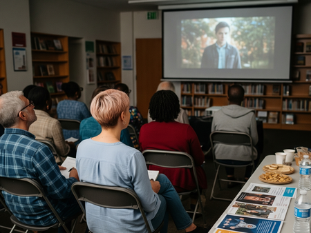 Das Bild zeigt Menschen in einem öffentlichen Raum, die im Rahmen der Erwachsenenbildung gemeinsam einen Film schauen.