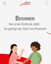 Zwei lächelnde Personen winken sich zu - Forum Ehrenamt Logo und Text 'Beginnen - Der erste Eindruck zählt'"