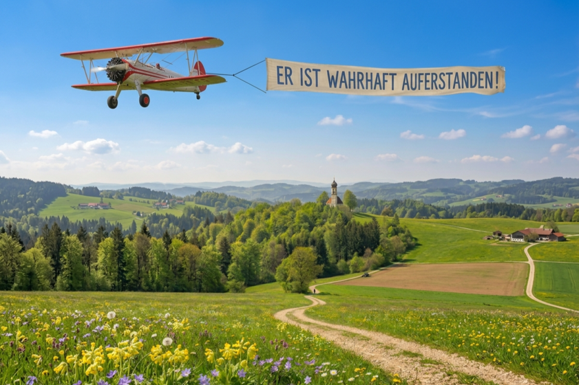 Doppeldecker fliegt über Oberpfälzer Frühlingslandschaft mit einem Banner: "Er ist wahrhaft auferstanden!"